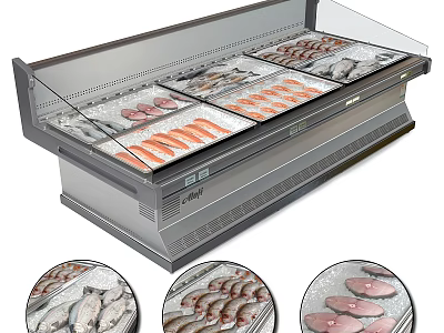 Commercial Display Freezer With Open Glass Door And Fresh Fish Salmon Fillets 3d model