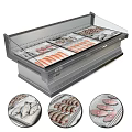 Commercial Display Freezer With Open Glass Door And Fresh Fish Salmon Fillets