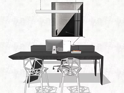 Modern Black Office Desk With Computer Lamp Books Two Geometric Chairs And Hanging Light 3d model