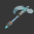 3D Model Blue Orange Glowing Axe Weapon With Wing Shaped Blades And Handle 3d model