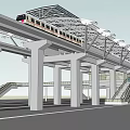High Speed Train Moving On Elevated Track With Covered Platform And Concrete Pillars 3d model