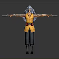 Blue Haired Character In Yellow Vest With Red Belt And Arm Tattoos Holding Dual Sticks