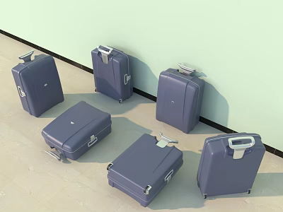 Blue Suitcases In Different Sizes With Wheels And Handles Against Light Green Wall 3d model