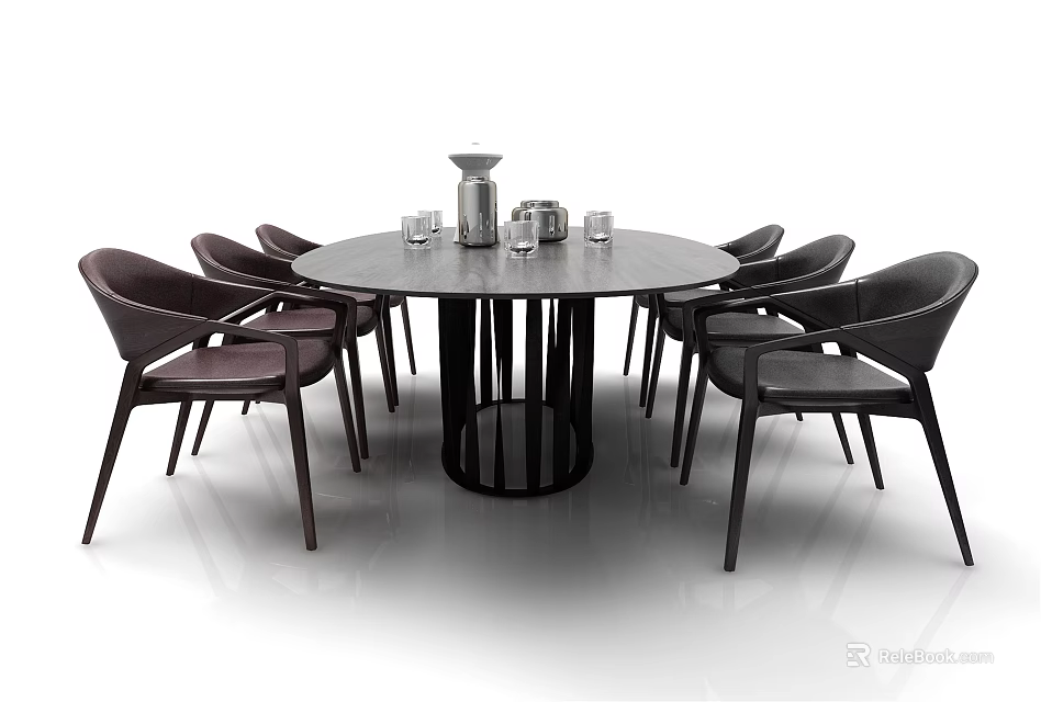 Modern Round Dining Table Set With Six Leather Chairs And Glass Vase 3d model