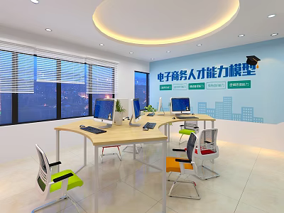 Bright Modern Public Office Space With Workstations Computers And E Commerce Talent Development Signage 3d model