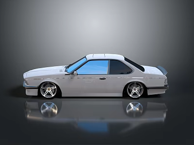 White Modified Sedan with Lowered Body Shiny Rims Rear Spoiler on Gray Background with Reflection 3d model