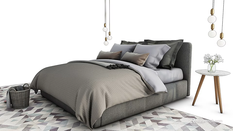 Modern Double Bed with Gray Bedding Pillows and Area Rug Design 3d model