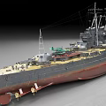 Large Warship Model With Tower Superstructure Masts And Red Bottom Hull