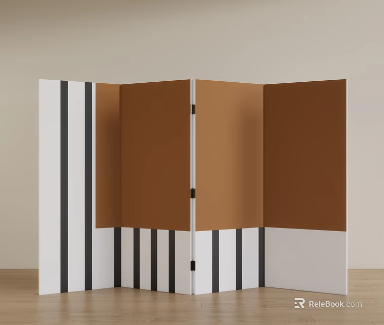 Modern Foldable Room Divider With White Black Stripes And Brown Panels 3d model 