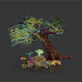 Tree With Yellow Leaves And Brown Trunk And Cross On Stone Surrounded By Small Plants