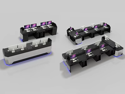 Modern Office Desks With Black And White Design Multiple Screens And Blue Lighting 3d model