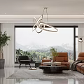 Modern Living Dining Room Interior With Dining Table Chairs Hanging Linear Light And Cabinets