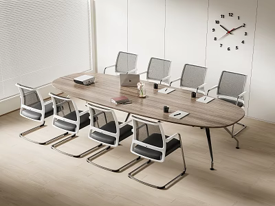 Modern Wooden Oval Conference Table With Modern Gray Chairs Laptop Documents And Cups In Office 3d model