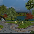 Garden Landscape with Winding Pathway Lush Green Lawn Wooden Benches Various Trees and Lake