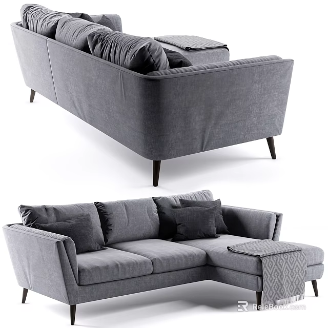 Gray Fabric Sectional Sofa With Plush Cushions And Chaise Ottoman Design 3d model 