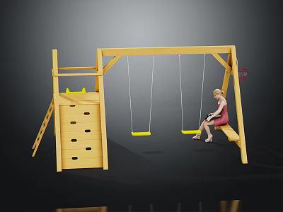 Wooden Kids Play Furniture Set With Swings Slide And Storage Drawers 3d model