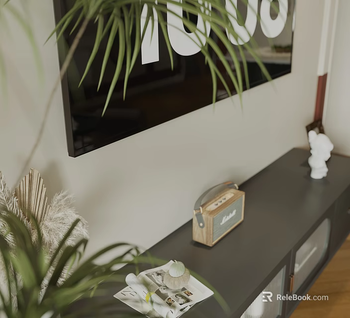 Contemporary Living And Dining Room Space With Tv Plant Decor And Wooden Radio 3d model 