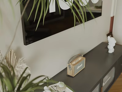 Contemporary Living And Dining Room Space With Tv Plant Decor And Wooden Radio 3d model