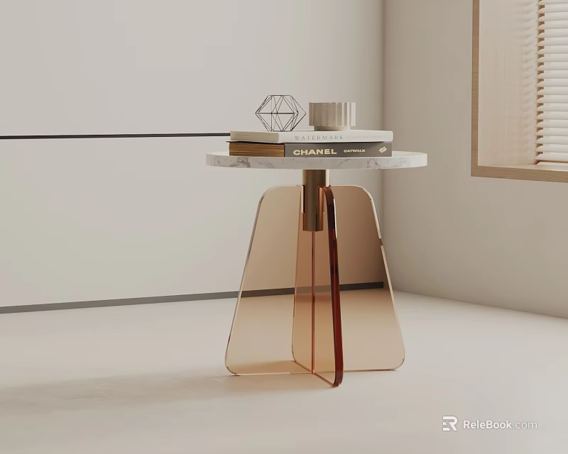 Modern Sleek Side Table With Marble Top Acrylic Base And Decorative Books With Geometric Object 3d model 