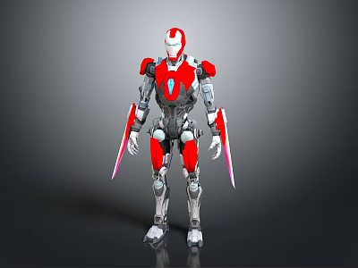 Red And White Metallic 3D Robot Character With Blue Core And Arm Weapons 3d model