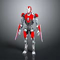 Red And White Metallic 3D Robot Character With Blue Core And Arm Weapons