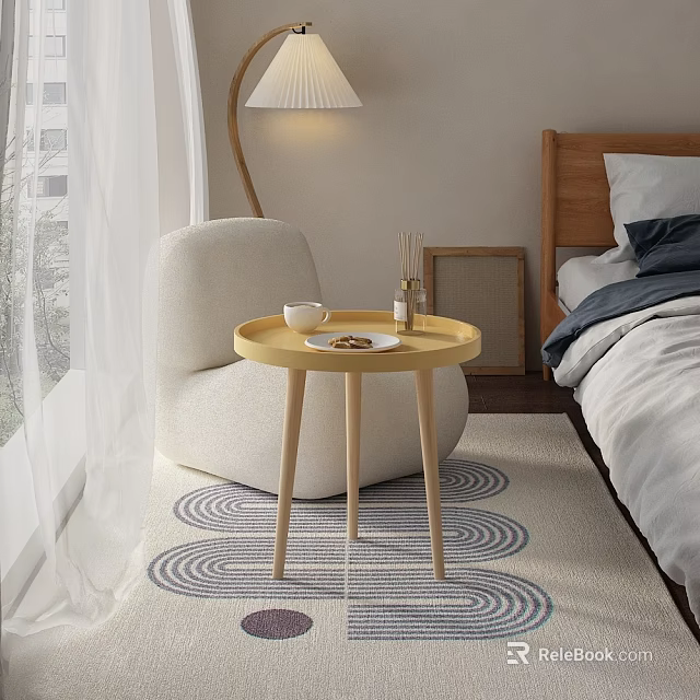Elegant Round Wooden Tea Table In Bedroom With Patterned Rug And Decorative Tray 3d model 