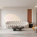 Modern Minimalist Living And Dining Area Interior With White Sofa Orange Armchair And Wine Rack
