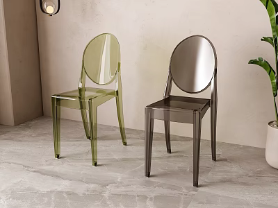 Two Stylish Transparent Dining Chairs In Green And Gray Acrylic For Modern Room 3d model
