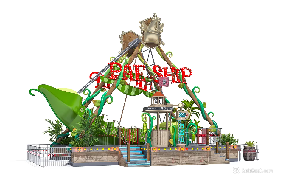 Pirate Ship Amusement Ride With Green Decorations Plants Wooden Structure And Steps 3d model 