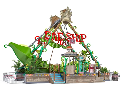 Pirate Ship Amusement Ride With Green Decorations Plants Wooden Structure And Steps 3d model