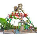 Pirate Ship Amusement Ride With Green Decorations Plants Wooden Structure And Steps