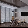 Modern Office Desk In Bright Workspace With Chairs Window Blinds TV Screen And Lighting