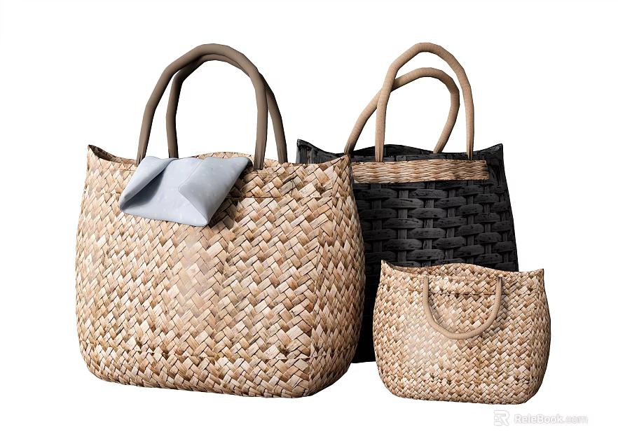 Elegant Woven Straw Tote Bags with Gray Cloth Accent in Beige Black and Sizes 3d model 