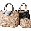 Elegant Woven Straw Tote Bags with Gray Cloth Accent in Beige Black and Sizes