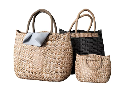Elegant Woven Straw Tote Bags with Gray Cloth Accent in Beige Black and Sizes 3d model