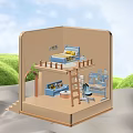 Yellow Cartoon Scene With Two Story Bed Sofa Table Chair Green Grass And Blue Sky