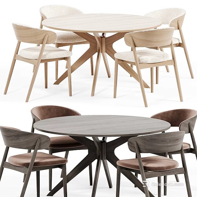 Modern Round Dining Table Set with Light and Dark Wooden Upholstered Chairs 3d model 
