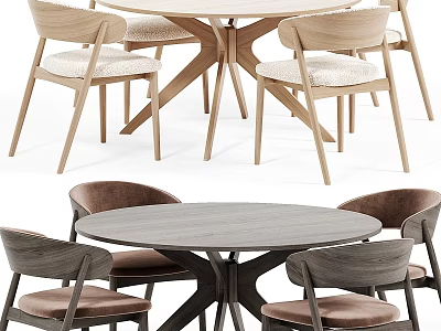 Modern Round Dining Table Set with Light and Dark Wooden Upholstered Chairs 3d model