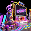 Cyberpunk Stage with Neon Lights Cassette Tape Rocket and Ferris Wheel Futuristic Design Elements