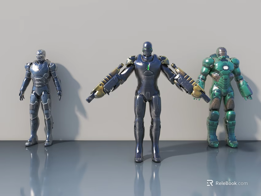 Silver Black Green Robot Action Figures As Game Movie Characters With Armor 3d model 