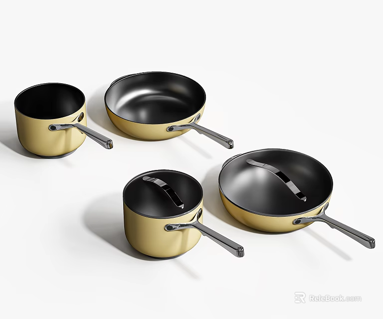Golden Cookware Set With Four Pots And Pans Black Interior And Sturdy Handles 3d model 
