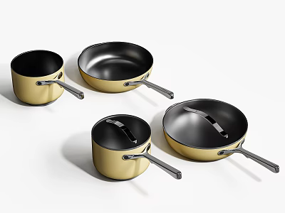 Golden Cookware Set With Four Pots And Pans Black Interior And Sturdy Handles 3d model