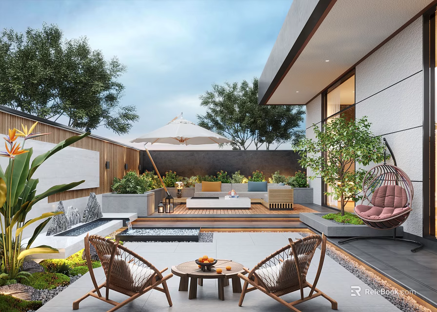 Modern Outdoor Garden With Furniture Umbrella Seating Area Plants Hanging Chair And Water Feature 3d model 