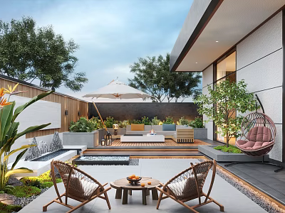 Modern Outdoor Garden With Furniture Umbrella Seating Area Plants Hanging Chair And Water Feature 3d model