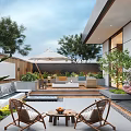 Modern Outdoor Garden With Furniture Umbrella Seating Area Plants Hanging Chair And Water Feature