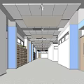 Spacious Bright Elevator Hallway With Blue And White Walls Lockers Along Walls And Ceiling Lights