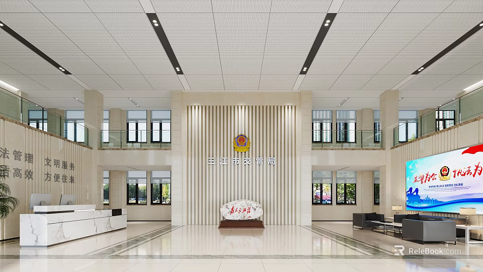 Spacious Government Service Hall Interior With Emblem Reception Desk And Marble Floor 3d model 