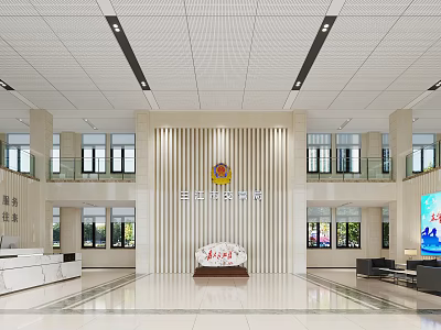 Spacious Government Service Hall Interior With Emblem Reception Desk And Marble Floor 3d model