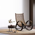 Wicker Rocking Lounge Chair with Small Round Table Plant on Round Rug and Window Blinds