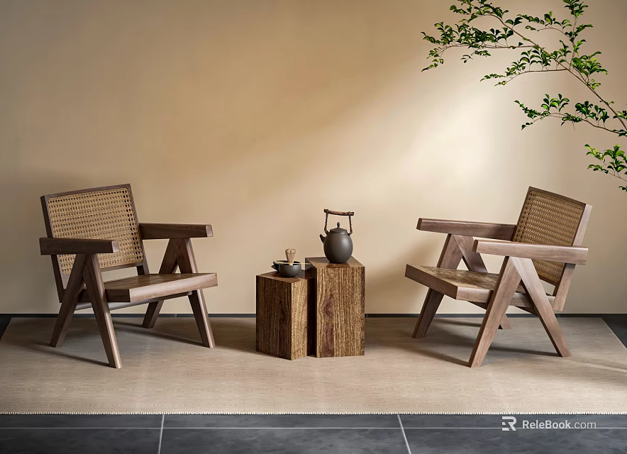 Pair of Wooden Frame Leisure Chairs With Woven Seats And Small Wooden Table Green Plant 3d model 